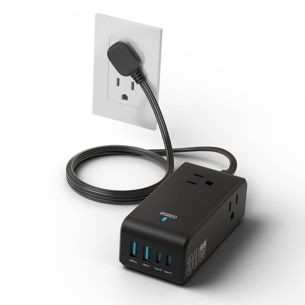 BSEED Power Strip, 30W 7-in-1 Power Strip with USB C Ports, 5FT Flat Extension Cord with Multiple Outlets(3AC 4USB), Flat Plug Charging Station for iPhone, Cruise Travel, Home, Office, Dorm, Black