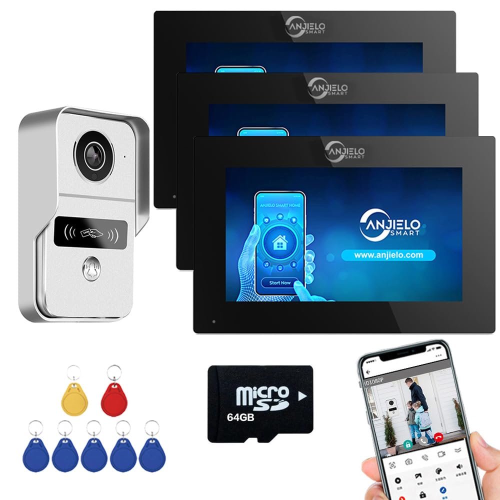 Video Doorbell Apartment Intercom with Wired 7 inch Touch Monitor,1080P Video Entry Doorphone Door Camera,TUYA WiFi Smart Home Video Intercom Kits for Home Villa,64G (One Monitor+Three doorbell)