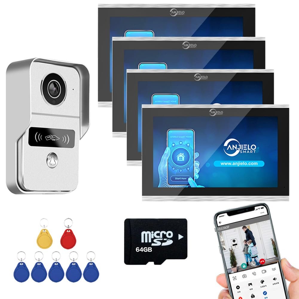 Wired Video Doorbell Apartment Intercom,7 inch Touch Screen Monitor,1080P Video Entry Doorphone Door Camera,TUYA WiFi Smart Home Door Phone Kits for Home Villa,64G (One doorbell+Four Monitor)