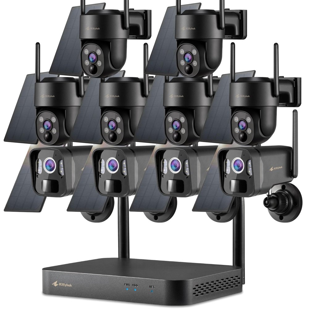 Kittyhok Solar Camera Security Outdoor System | 4pcs Bullet Solar Camera, 6pcs PT Solar Security Camera Outdoor, Solar Power, Human Detection, Spotlight, 10CH NVR, Local Storage, No Monthly Fees