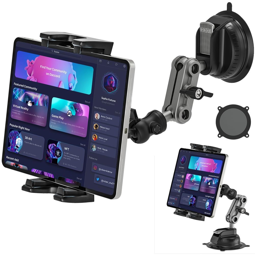 BAISHUN Tablet Mount for Car/Truck Heavy Duty, 360 Adjustable Tablet Stand Wall Mount Holder for Kitchen Vehicle Dashboard Windshield, Compatible with iPad Pro/Air/Mini 4.7-12.9" Tablets Cellphones
