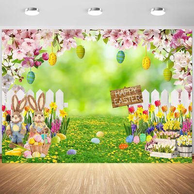 12x8ft Easter Backdrop Spring Easter Bunny Garden Green Grass Flowers Fence Photography Background Birthday Party Happy Easter Colorful Eggs Decoration Photo Booth Props
