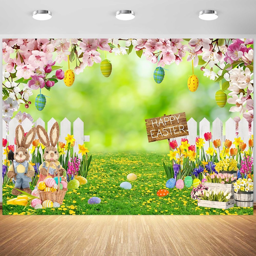 12x8ft Easter Backdrop Spring Easter Bunny Garden Green Grass Flowers Fence Photography Background Birthday Party Happy Easter Colorful Eggs Decoration Photo Booth Props