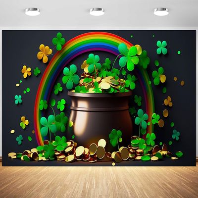 10x6.5ft St Patricks Day Backdrop Pot of Gold Coins Green Lucky Irish Shamrock Rainbow Photography Background Spring Holiday Party Banner Decoration Supplies Photo Booth Props