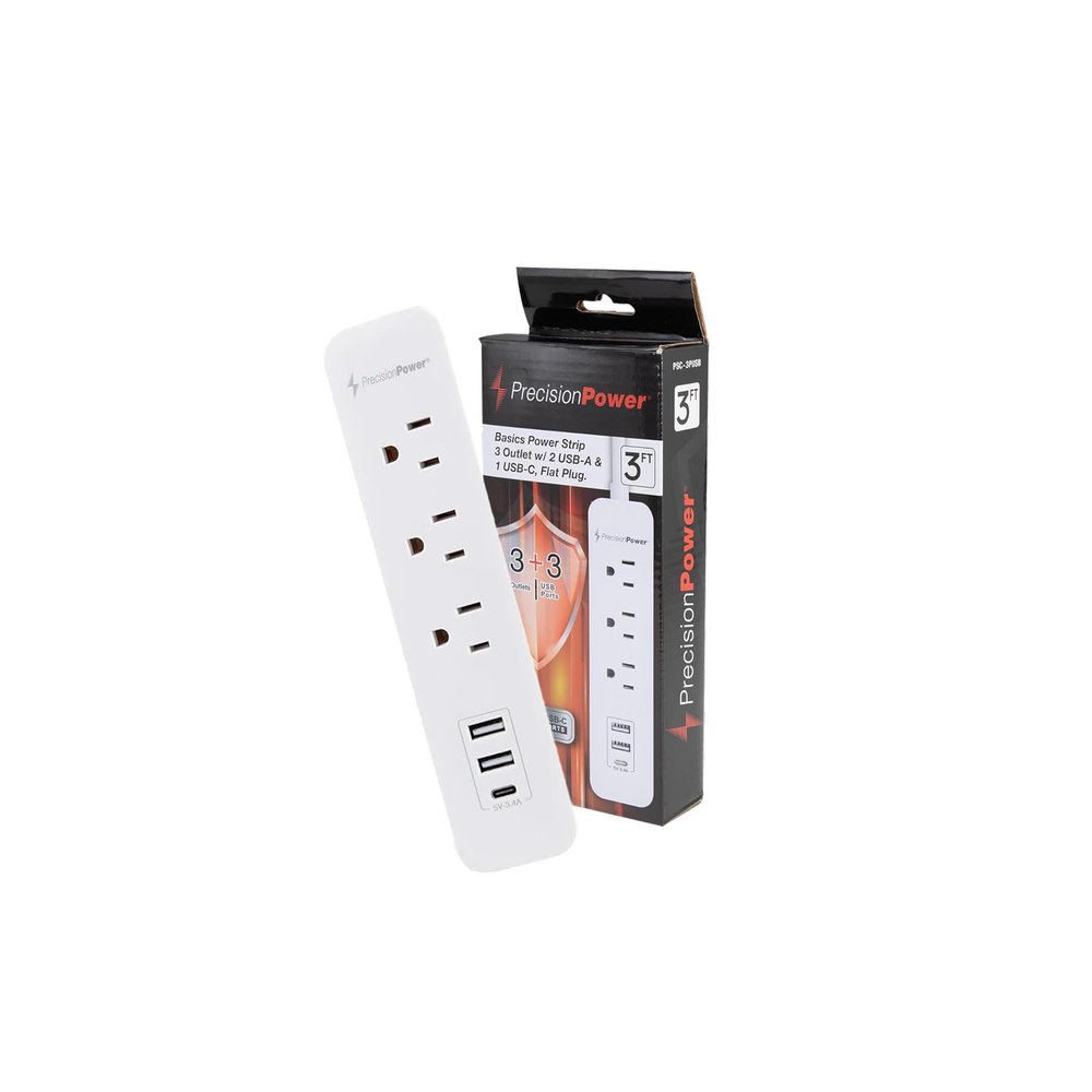 Precision Power Flat Plug Surge Protector Extension with 3 feet Cord  Compact Heavy Duty Power Strip & Flat Plug with 3 AC Outlets, 3 USB Ports for Home and Office