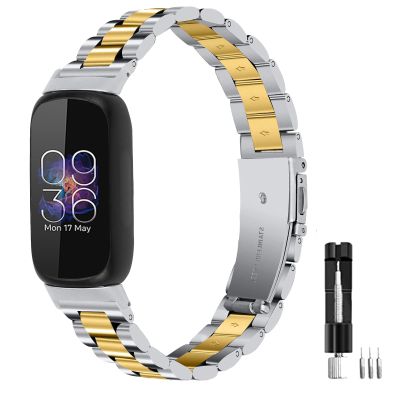 Metal Bands Compatible for Fitbit Inspire 3 for Women & Men,Solid Stainless Steel Adjustable Strap Replacement Band for Inspire 3 Fitness Tracker (GoldSilver)
