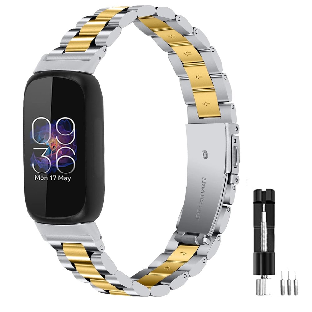 Metal Bands Compatible for Fitbit Inspire 3 for Women & Men,Solid Stainless Steel Adjustable Strap Replacement Band for Inspire 3 Fitness Tracker (GoldSilver)