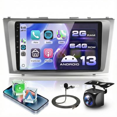 2G+64G Car Radio for Toyota Camry 2006-2011 with Wireless CarPlay/Android Auto, Podofo 9 Inch 2.5D Touch Screen Stereo Android 13 GPS WiFi Bluetooth FM/RDS Aduio Support HD Backup Camera