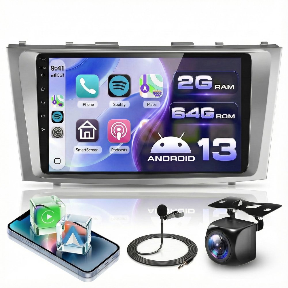 2G+64G Car Radio for Toyota Camry 2006-2011 with Wireless CarPlay/Android Auto, Podofo 9 Inch 2.5D Touch Screen Stereo Android 13 GPS WiFi Bluetooth FM/RDS Aduio Support HD Backup Camera
