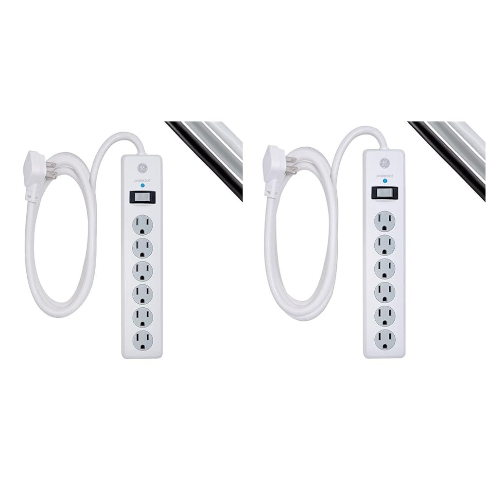 GE 6-Outlet Surge Protector, 6 Ft Extension Cord, White, 67051 & GE 6-Outlet Surge Protector, 8 Ft Extension Cord, White, 67044