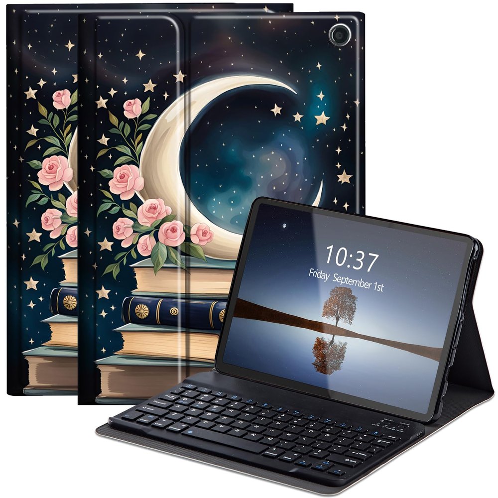 WZCJDHMJ Keyboard Case for Amazon Fire Max 11 (13th Generation, 2023 Release)- Slim Smart Cover with Detachable Keyboard for Fire 11 Max Tablet,Bible Book Moon Flowers