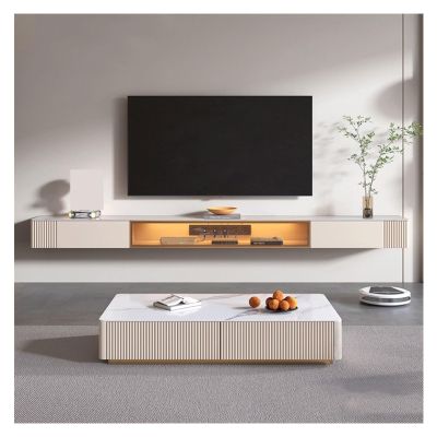 TV Stand Wall Mounted Floating TV Stand with Storage Cabinet , TV Stand for Bedroom Living Room with LED Light, Modern Television Stand with Slate Tabletop Television Stands ( Color : Champagne , Size