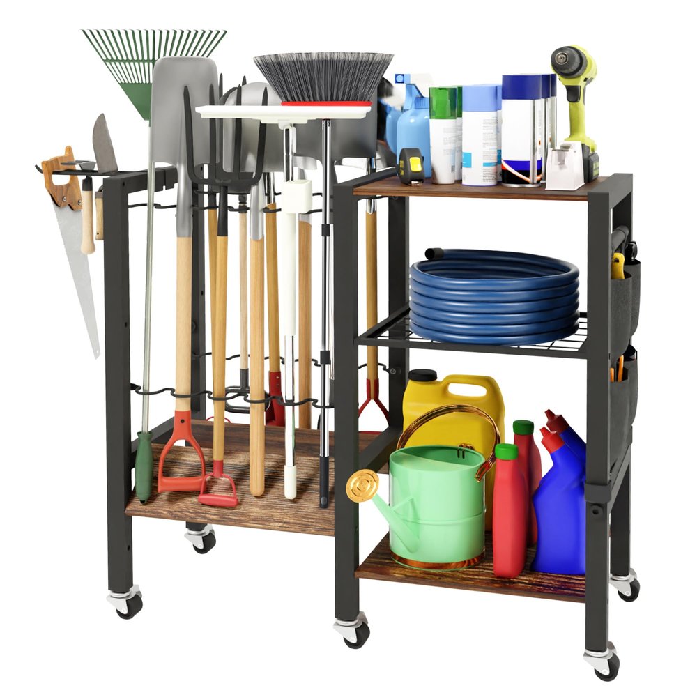 Dobures Garden Tool Organizer with Lockable Wheels, Heavy Duty Yard Tool Storage Rack for Shovels and Rakes, 3 Tier Lawn Care Utility Holder with hooks for Garage, Shed, Yard and Laundry Room