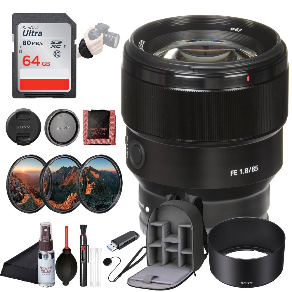 Sony FE 85 mm F1.8 Standard Telephoto Prime Lens Lightweight Portrait Optics, Smooth 9-Blade Bokeh SEL85F18/2, Filter Kit, Backpack, 64GB Card, Card Reader and More
