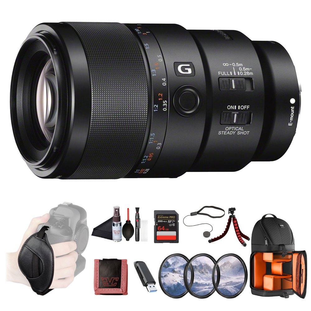 Sony FE 90mm F2.8 Macro G OSS Lens (SEL90M28G) Full-Frame E-Mount | 1:1 Magnification | Optical SteadyShot |Filter Kit, Backpack, 64GB Card, Card Reader, Flex Tripod, Memory Card Wallet and More
