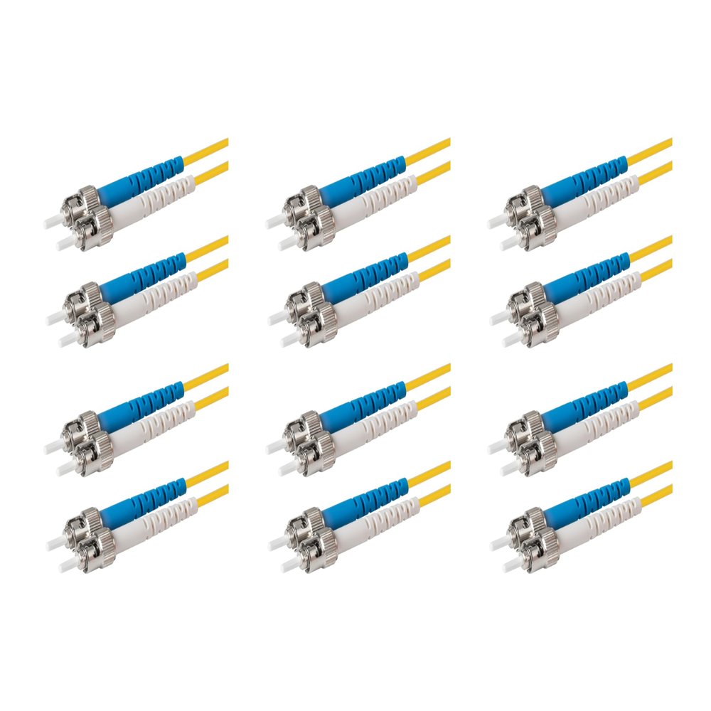 SpeedyFiberTX 6-Pack 1 Foot ST/U to ST/U Fiber Optic Patch Cable, Blue and White Boots, Corning SMF-28 Ultra Single-Mode 9/125um Optical Fiber, Duplex Yellow Riser OFNR Cable Jacket