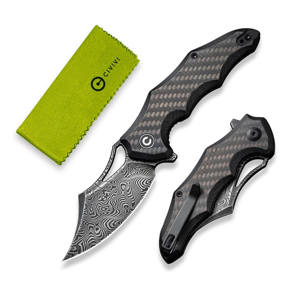 CIVIVI Chiro Pocket Knife for EDC, Folding Knife with Flipper 3.1" Damascus Blade Carbon Fiber Overlay On Black G10 Handle, Utility Knife for Men Women C23046-DS1