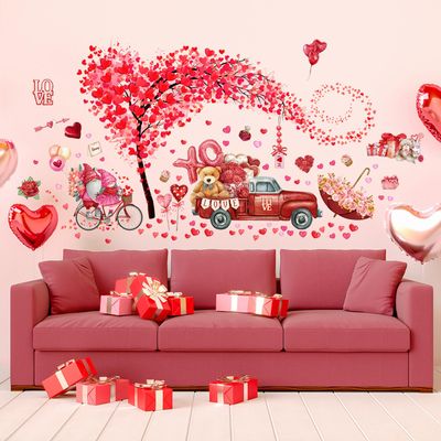 2 Sheets Valentine's Day Wall Decals Heart Tree Red Truck Valentines Day Wall Stickers Romantic Love Heart Wall Decor Home Bedroom Decor for Couple Living Room Kitchen Window Wedding Anniversary Art