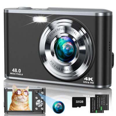 4K Digital Camera, 48MP Autofocus Kids Camera Selfie with Front and Rear Dual Lenses, 32GB Card, 2 Batteries, 16X Digital Zoom, Compact Travel Vlogging Video Camera for Kid Teen Beginner(Deep Black)