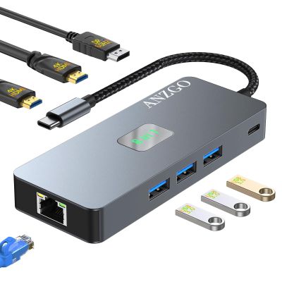 ANZGO Laptop USB C Docking Station Dual Monitor, USB C to Dual HDMI Adapter with Dual 4K@60Hz HDMI, 4K@60Hz DP, Max 100W PD, 3 USB3.0 Ports, 1000M Ethernet, for Dell XPS/HP/Lenovo/Surface/MacBook