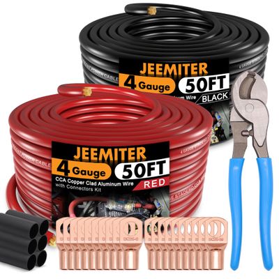 Jeemiter 4 AWG Amplifier Wiring Kit with Free Cable Cutter - 50ft Red & 50ft Black (100ft Total) | Big Power & Ground Cable for Stereo, Big 3 Upgrade, Solar
