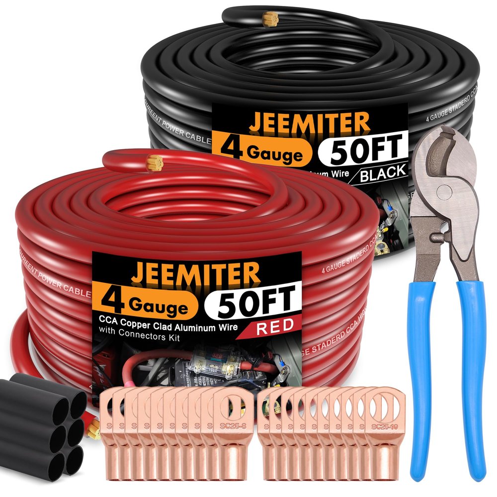 Jeemiter 4 AWG Amplifier Wiring Kit with Free Cable Cutter - 50ft Red & 50ft Black (100ft Total) | Big Power & Ground Cable for Stereo, Big 3 Upgrade, Solar
