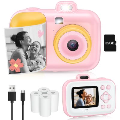 Instant Print Digital Camera for Kids - FHD 1080P Video, 32GB Card, Perfect for 3-12 Years, Pink