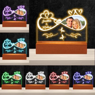 Custom Photo Infinity Heart Acrylic Night Light with Base Butterfly 3D LED Lamp Custom Name Date Acrylic Plaques Picture Sign LED Light Valentine's Day Anniversary Decor Gift for Wife Girlfriend Lover