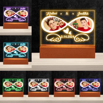 Custom 2 Photo Infinity Acrylic Night Light with Base Heart Wing 3D LED Lamp Custom Name Date Acrylic Plaques Picture Sign LED Light Decor Gift for Wife Girlfriend Lover Family