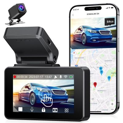 Kingslim Dash Cam Front and Rear 4K, Car Dash Camera for Cars with Free 64GB Card, 3 Inch Touchscreen, Front and Back Dashcam Built-in WiFi GPS, Night Vision, Parking Monitor, Smart App