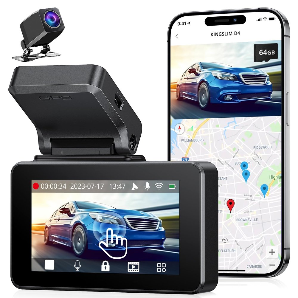 Kingslim Dash Cam Front and Rear 4K, Car Dash Camera for Cars with Free 64GB Card, 3 Inch Touchscreen, Front and Back Dashcam Built-in WiFi GPS, Night Vision, Parking Monitor, Smart App