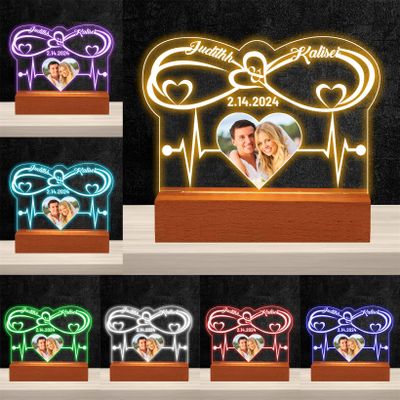 Dertacoa Personalized Infinity Heart Night Light Heartbeat Acrylic Lamp Custom Photo Name Date Acrylic Plaques with Base Valentine's Day 3D LED Lights for Couple Wife Girlfriend Lover Family