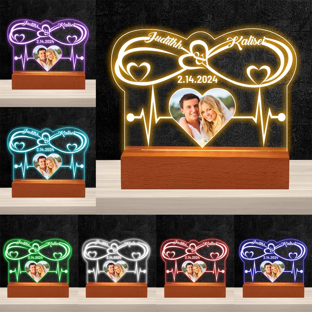 Dertacoa Personalized Infinity Heart Night Light Heartbeat Acrylic Lamp Custom Photo Name Date Acrylic Plaques with Base Valentine's Day 3D LED Lights for Couple Wife Girlfriend Lover Family
