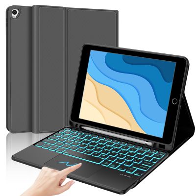Case and Keyboard for iPad 9th/8th/7th Generation 10.2 inch, Detachable Wireless Keyboard with Smart Touchpad, 7 Color Backlit, Slim Folio Cover with Pencil Holder for iPad Air 3rd/Pro 10.5 inch Grey