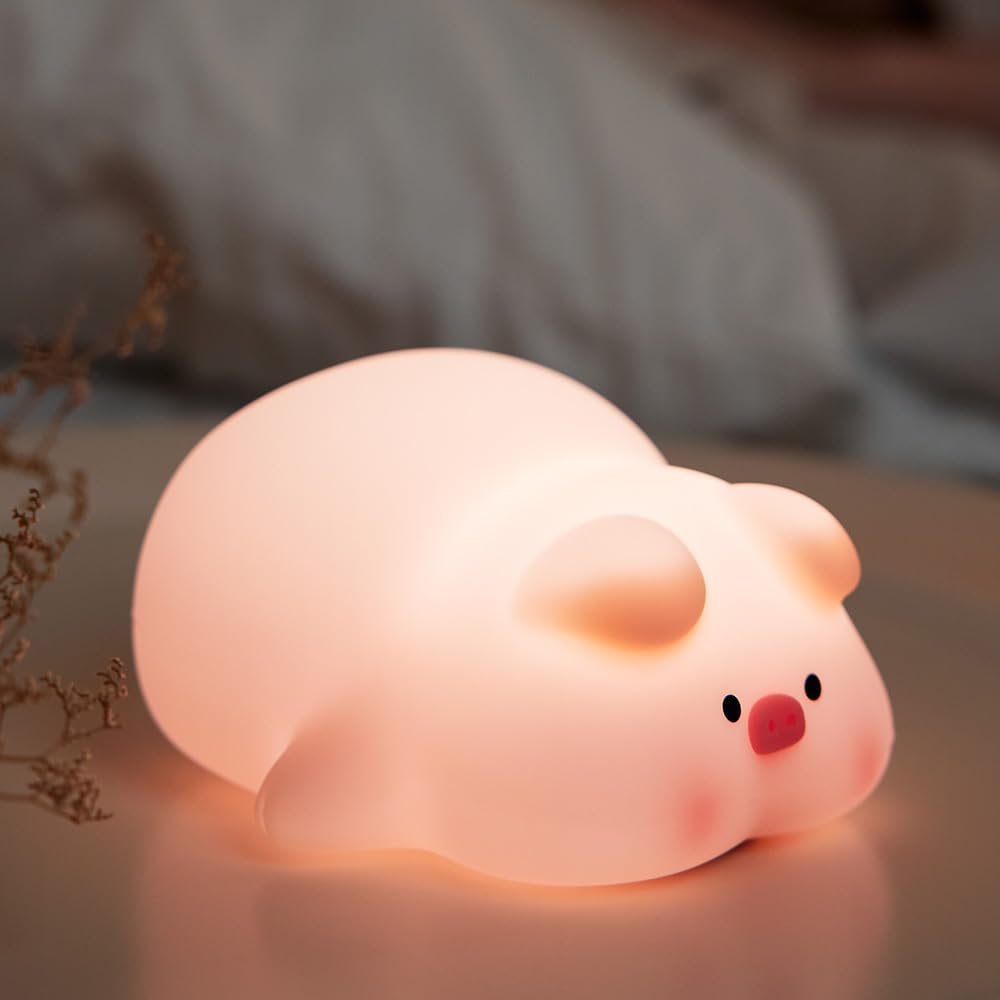 Myratts Cute Pig Night Light, 3 Level Dimmable Nursery Nightlight, Kawaii Lamps Squishy Silicone Rechargeable Touch Lamp, Best Gift for Kids Adults Room Decor