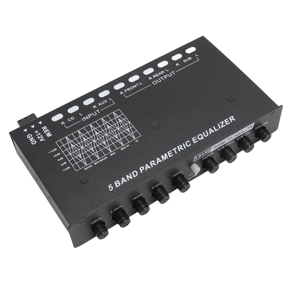 5 Band Car Amplifier Graphic Equalizer, 50-130hz 5 Bands EQ Car Audio Equalizer, Digital Sound Equalizer with CD AUX Input Select Switch Front Rear Sub Output for Car Stereo