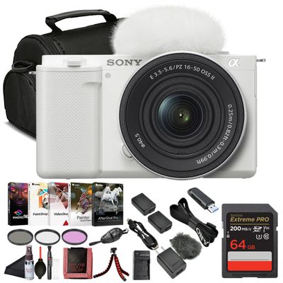 Sony ZV-E10 Mirrorless Camera White with 16-50mm Power Zoom Lens (ILCZV-E10L)  24.2 MP APS-C Sensor, 4K Video, Vari-Angle Screen w/ 64GB Card, Filter Kit, Photo Software, Bag and More