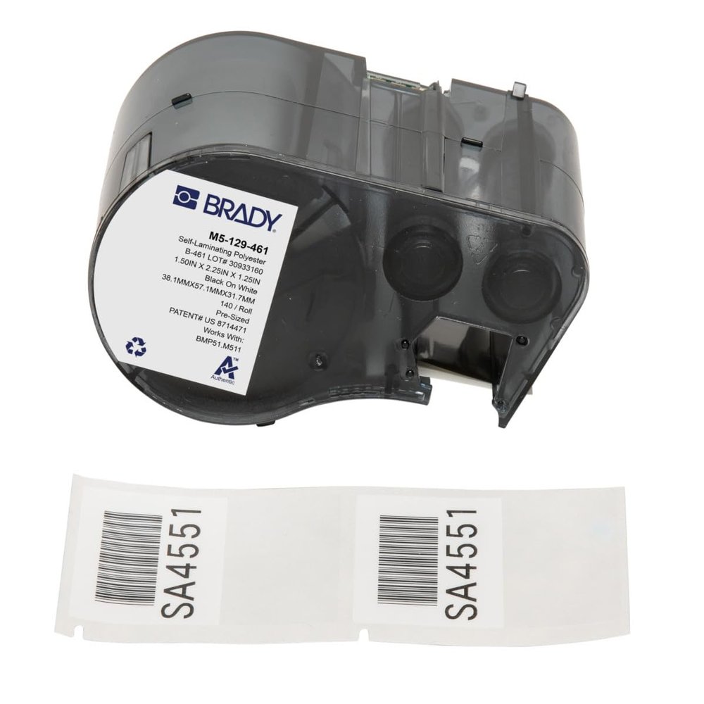Brady Self-Laminating Polyester Pre-Sized Labels for Label Printer BMP51/BMP53/M511-140 Self Adhesive Printer Labels - Black on White, Transparent (57,15 mm (W) x 38,10 mm (H)) - M5-129-461