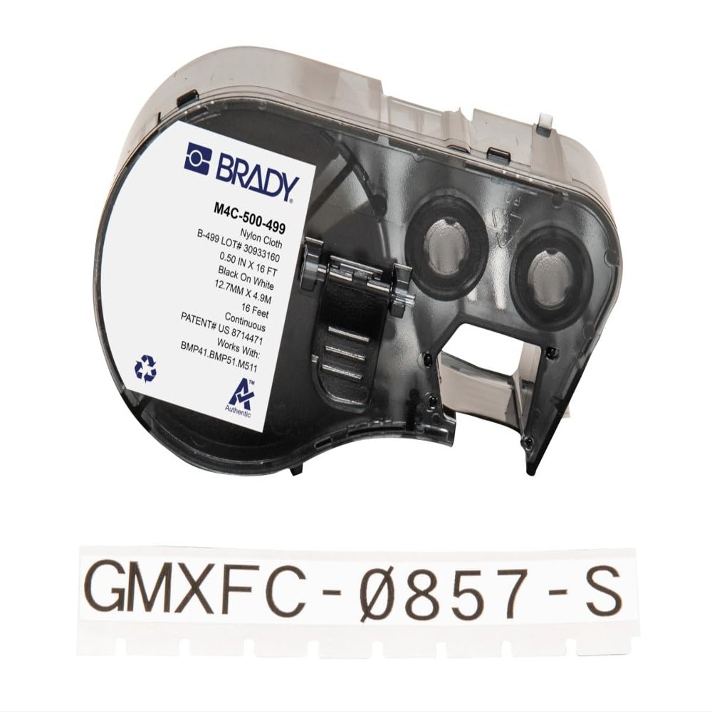Brady Nylon Cloth Label Tape for Label Printer BMP41/BMP51/BMP53/M511 - Self Adhesive Nylon Fabric Tape - Waterproof Tape Printer Labels - Black on White (12.70mm x 4.88m) - M4C-500-499
