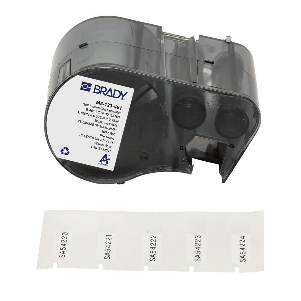 Brady Self-Laminating Polyester Pre-Sized Labels for Label Printer BMP51/BMP53/M511-360 Self Adhesive Printer Labels - Black on White, Transparent (28,58 mm (W) x 9,53 mm (H)) - M5-123-461