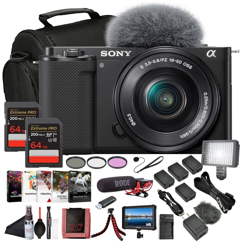 Sony ZV-E10 Mirrorless Camera Black with 16-50mm Power Zoom Lens (ILCZV-E10L)  24.2 MP APS-C Sensor, 4K Video, Vari-Angle Screen w/ 4K Monitor, Pro Mic, 2 x 64GB Memory Card and More