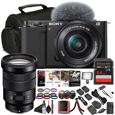 Sony ZV-E10 Mirrorless Camera Black with 16-50mm Power Zoom Lens (ILCZV-E10L) 24.2 MP APS-C Sensor, 4K Video, Vari-Angle Screen w/Sony 18-105mm Lens, 64GB Memory Card and More
