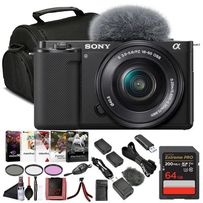 Sony ZV-E10 Mirrorless Camera Black with 16-50mm Power Zoom Lens (ILCZV-E10L) 24.2 MP APS-C Sensor, 4K Video, Vari-Angle Screen w/ 64GB Memory Card, Filter Kit, Photo Software, Bag and More