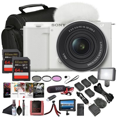 Sony ZV-E10 Mirrorless Camera White with 16-50mm Power Zoom Lens (ILCZV-E10L)  24.2 MP APS-C Sensor, 4K Video, Vari-Angle Screen w/ 4K Monitor, Pro Mic, 2 x 64GB Memory Card and More