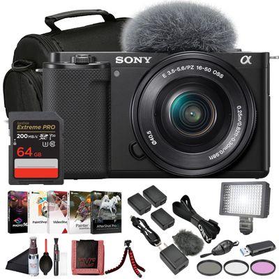 Sony ZV-E10 Mirrorless Camera Black with 16-50mm Power Zoom Lens (ILCZV-E10L)  24.2 MP APS-C Sensor, 4K Video, Vari-Angle Screen w/ 64GB Card, Filter Kit,Photo Software, 2 x NPF-W50 Battery and More