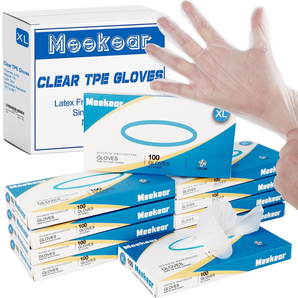 Meekear 1000 PCS TPE Disposable Gloves, Clear Latex-free & Powder-Free Food Safe Cleaning One-time-use Gloves, Medium, 4 Mil
