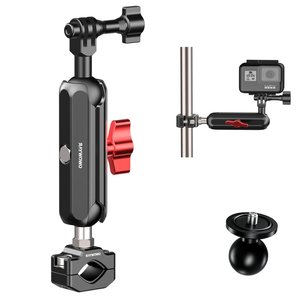 RAYWOWO Camera Clamp Mount for GoPro DJI insta360 Motorcycle Bicycle Handlebar Mounts Aluminum Tube Clip Live Broadcast Head Bracket, with 1/4"-20 Screw, for Camera LED Lights DSLR (Screw Mount)