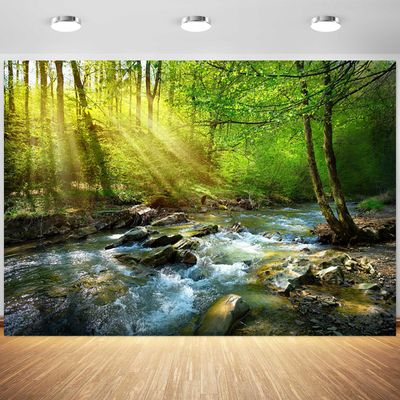 15x10ft Forest Backdrop Jungle Forest River Stream Nature Woodland Photography Background Spring Camping Party Birthday Banner Adult Portrait Decoration Supplies Photo Booth Props