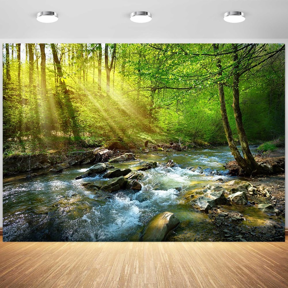 15x10ft Forest Backdrop Jungle Forest River Stream Nature Woodland Photography Background Spring Camping Party Birthday Banner Adult Portrait Decoration Supplies Photo Booth Props