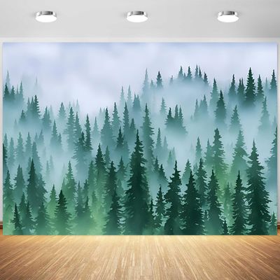 10x6.5ft Green Forest Backdrop Misty Woodland Nature Watercolor Photography Background Kids Newborn Baby Shower Birthday Party Banner Decoration Supplies Photo Booth Props